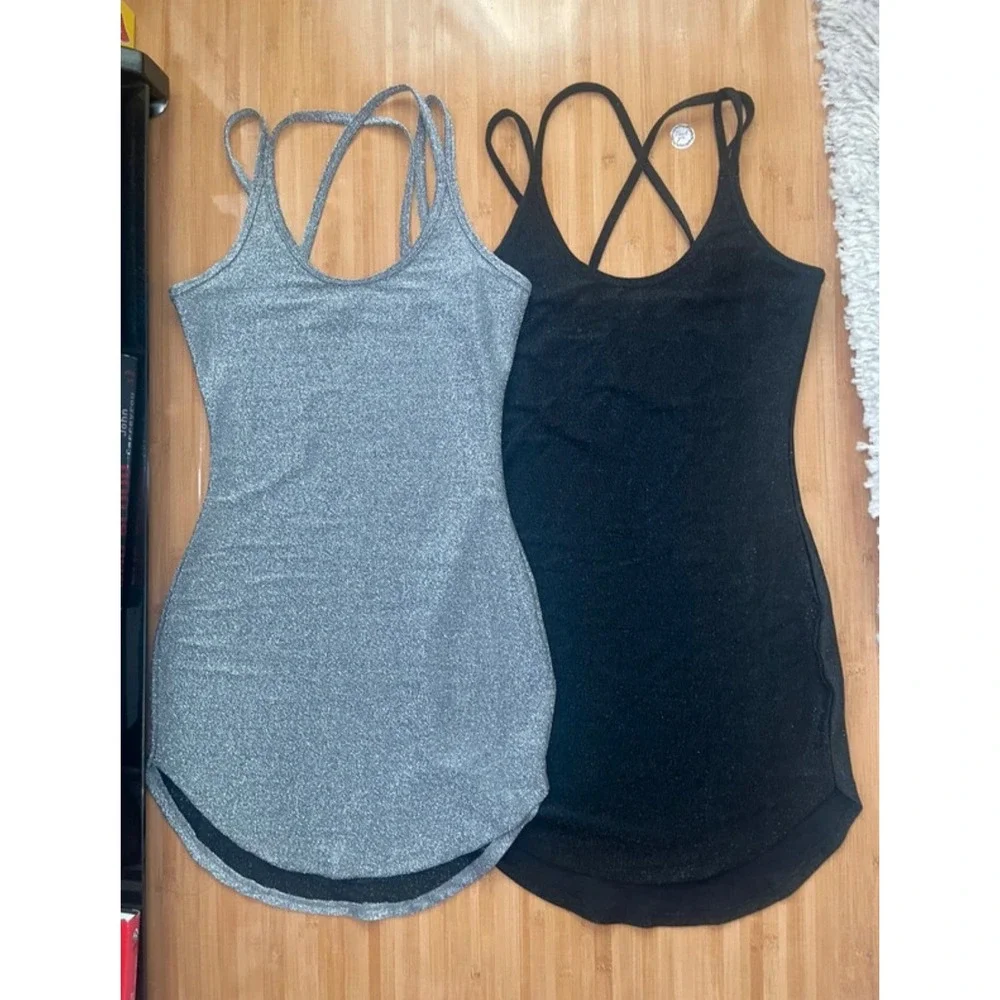 Set of 2 Metallic Shimmer Bodycon Mini Dresses Strappy Back Silver Black Womens